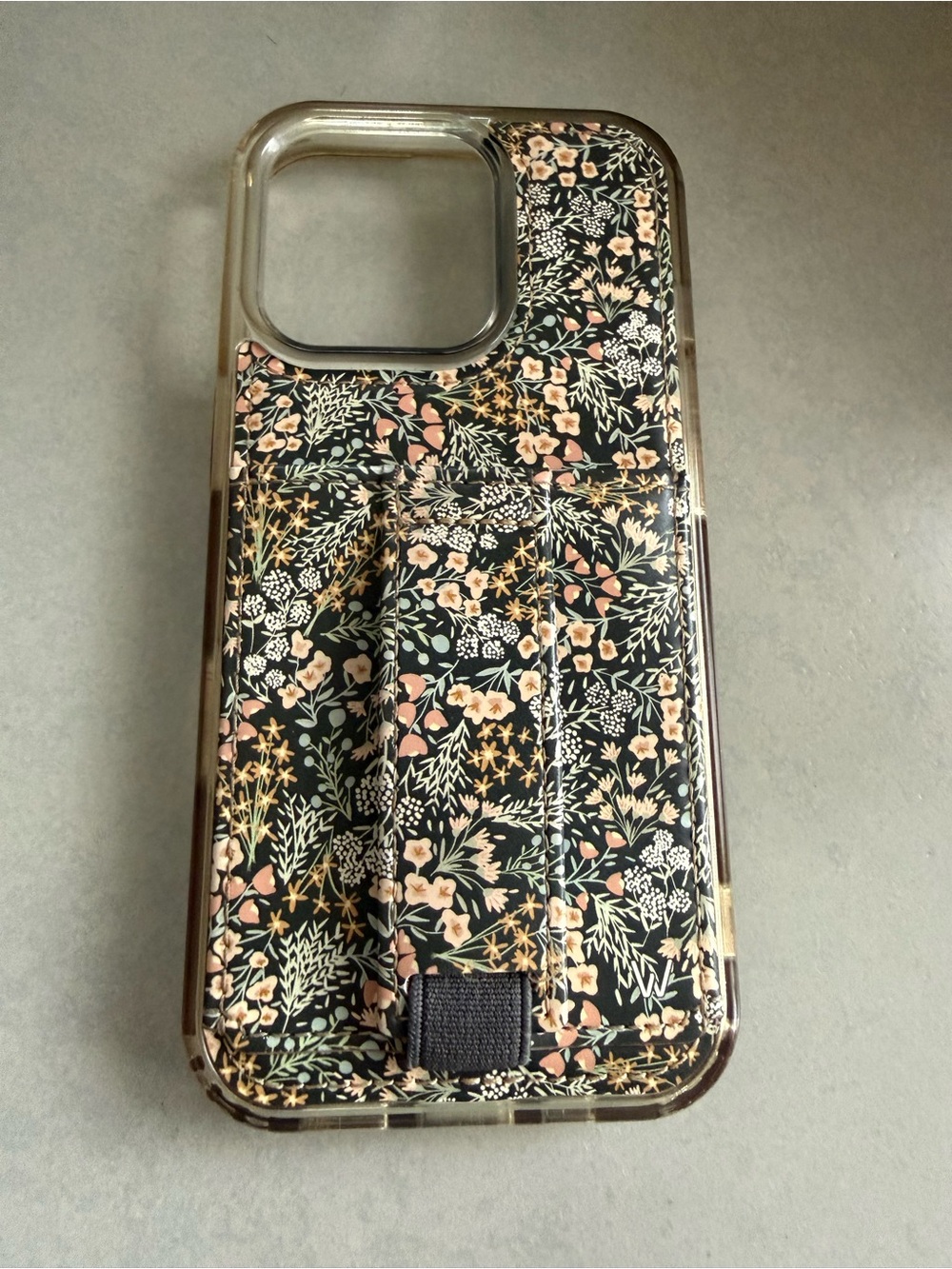 Floral Hand-Strap Phone Case - Black with Pink & Cream Accents